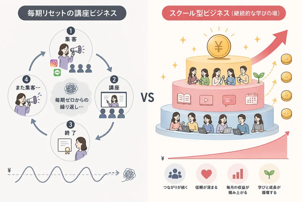講座の都度販売型とスクールの積み上げ型の収益構造の違いを示す図