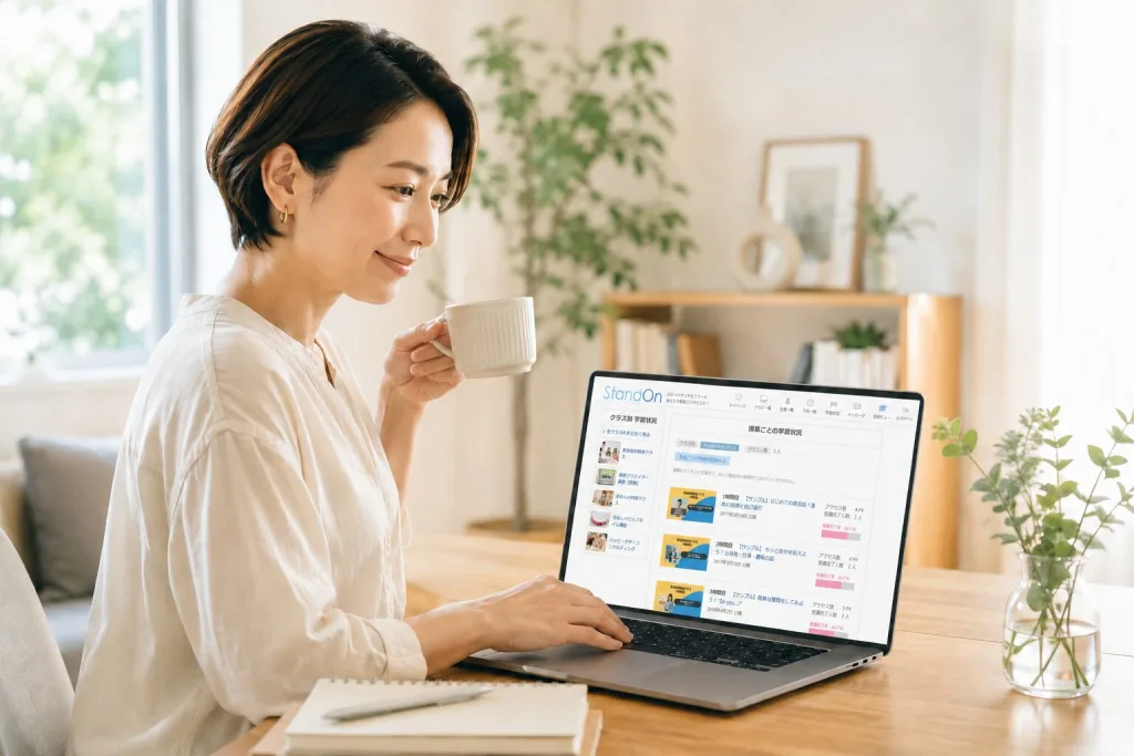 ゆとりある環境でオンラインスクールを管理する講師のイメージ