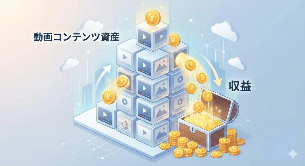 動画コンテンツを資産化して自動収入を得る仕組みのイメージ