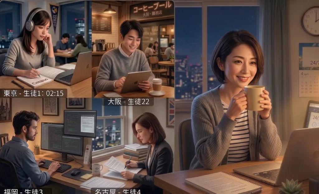 講師が休んでいる間もオンラインスクールが稼働しているイメージ