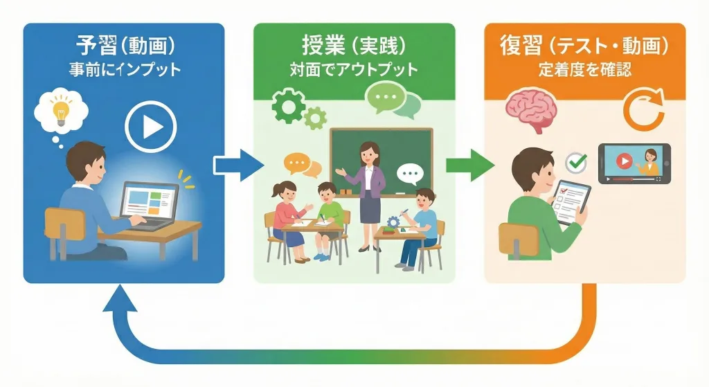 対面授業とオンライン予習・復習を組み合わせた学習サイクルの図解
