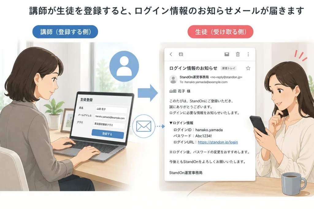 StandOnで生徒登録後に自動送信されるログイン案内メールのイメージ