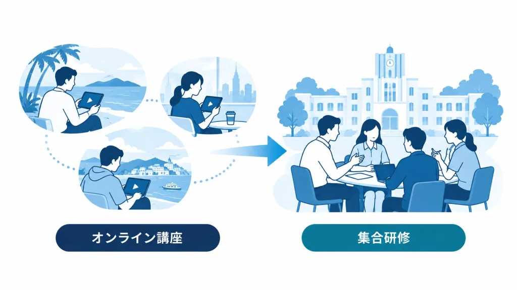 スマホでの動画学習と、定期的な集合研修を組み合わせた研修の流れ