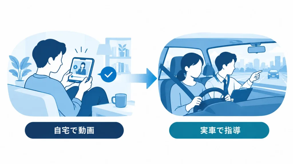 自宅で動画を見て学び、その範囲をふまえて対面の実技指導を受ける流れ