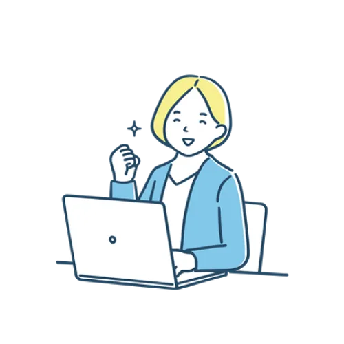 PCの前で女性がガッツポーズをしているイラスト