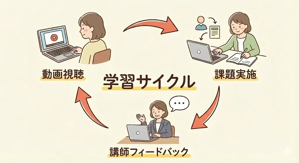 動画スクールシステムを活用した生徒の学習サイクルと講師のフィードバックの仕組み